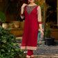 Handcrafted maroon kurta with a V-neck Ajrakh panel and stylish striped sleeves.