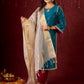 Radiant Teal Silk Kurta with Golden Self-Butta Design