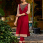 Handcrafted maroon kurta with a V-neck Ajrakh panel and stylish striped sleeves.