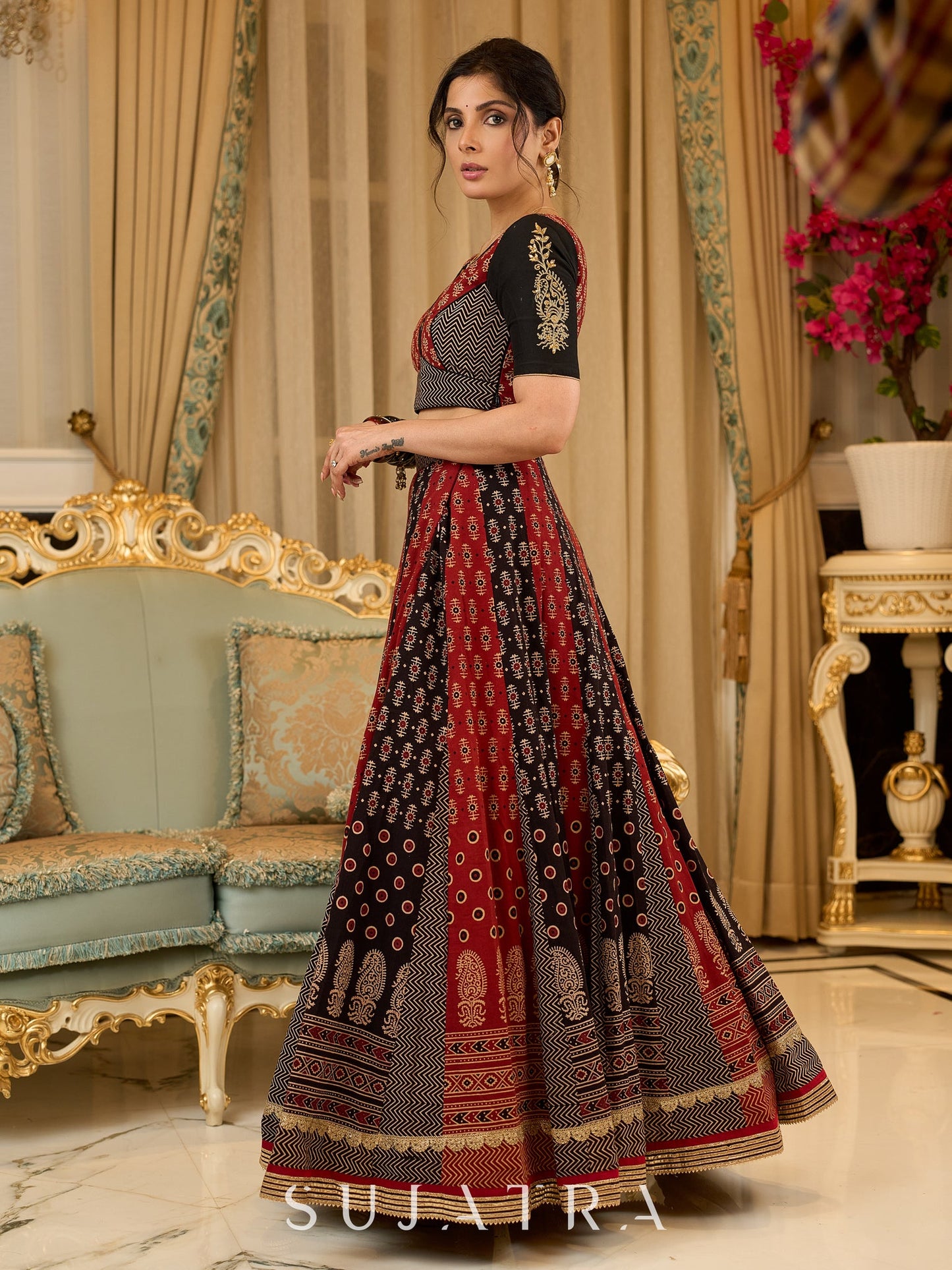 Handcrafted maroon & black Ajrakh print lehenga paired with an embroidered blouse for rich artisanal look - Dupatta Optional