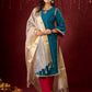 Radiant Teal Silk Kurta with Golden Self-Butta Design