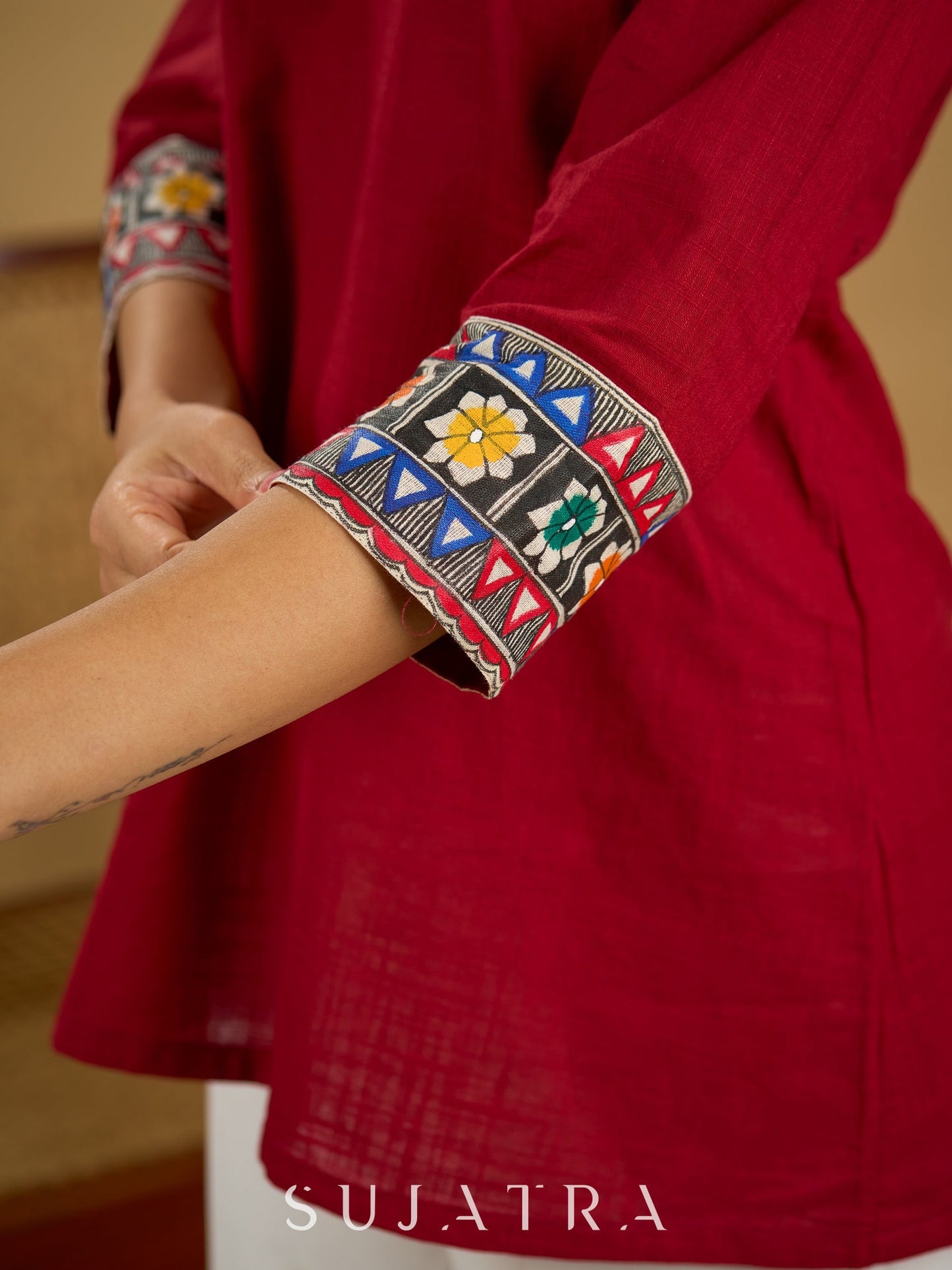 Cotton lapel collar top with stunning Madhubani hand-painted detail