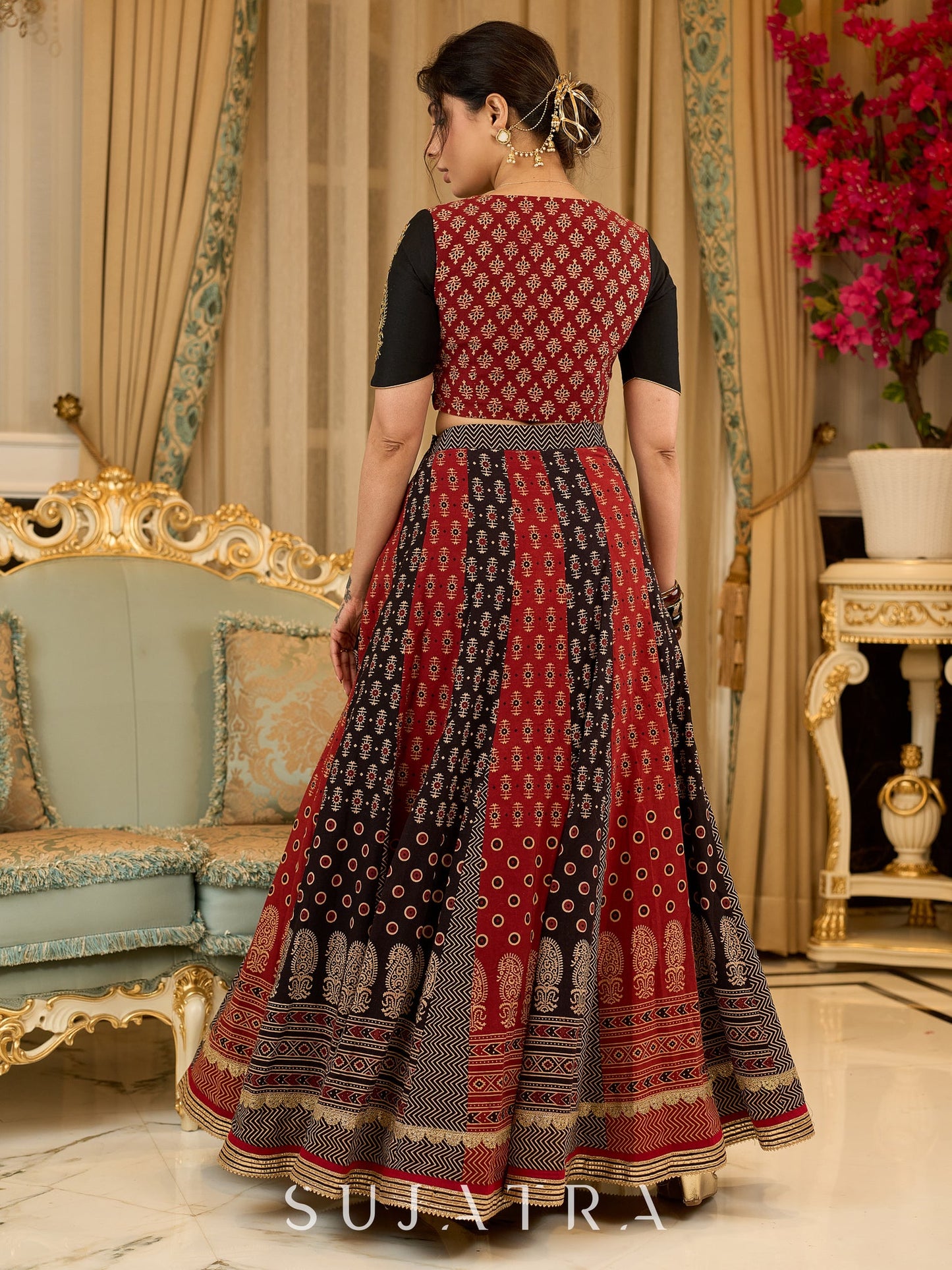 Handcrafted maroon & black Ajrakh print lehenga paired with an embroidered blouse for rich artisanal look - Dupatta Optional