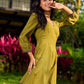 Olive Green Dress with Contrast Ajrakh Handblock Print Border and Puff Sleeves