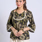 Chic Black Floral Print Cotton Bell Sleeve Top with Tie-Up Neckline & Crochet Lace Trim