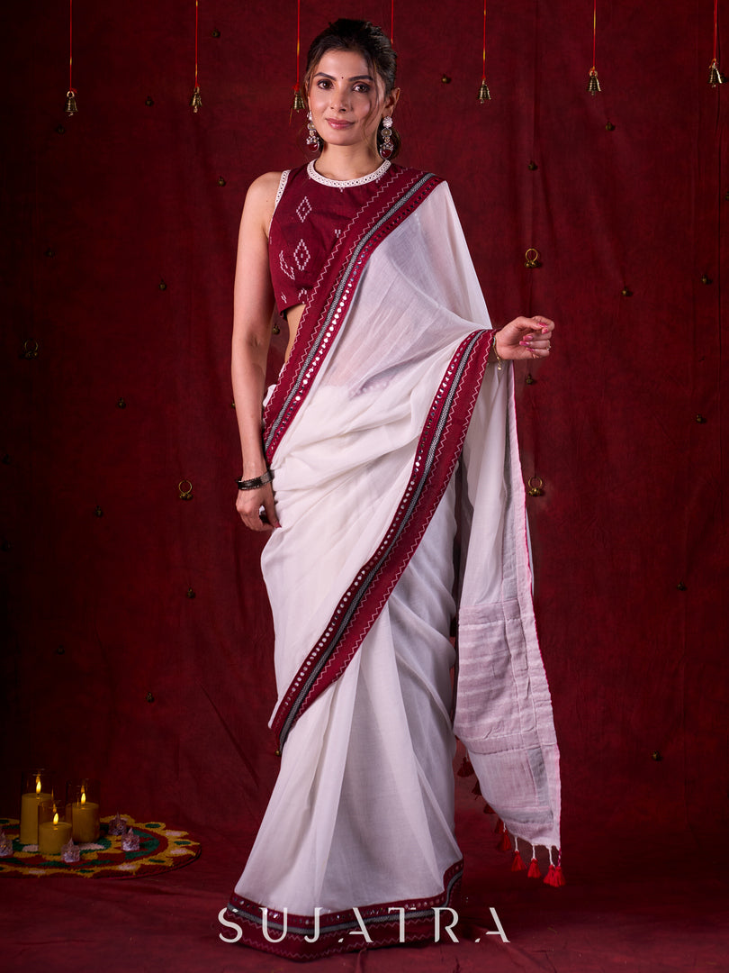 Graceful White Mul Cotton Saree with Ikat-Jamdani Border & Sparkling Mirror Lace Detailing