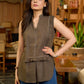 Dusky Clay Sleeveless Cotton Top with Frilled Yoke and Hand Kantha Embroidery