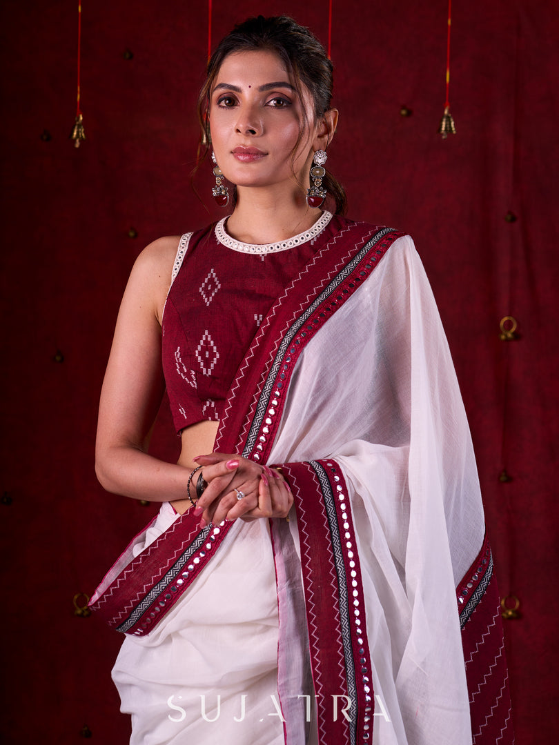 Graceful White Mul Cotton Saree with Ikat-Jamdani Border & Sparkling Mirror Lace Detailing