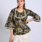 Chic Black Floral Print Cotton Bell Sleeve Top with Tie-Up Neckline & Crochet Lace Trim