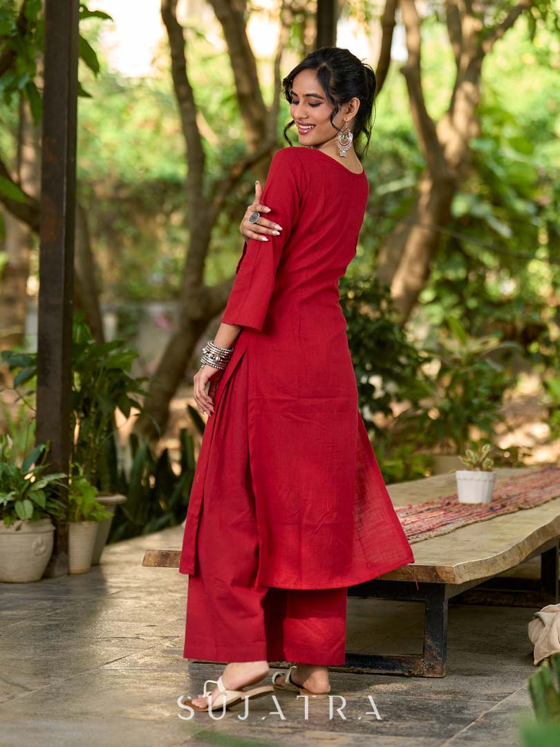 Deep Maroon Cotton Kurta with Subtle Front Button Detail