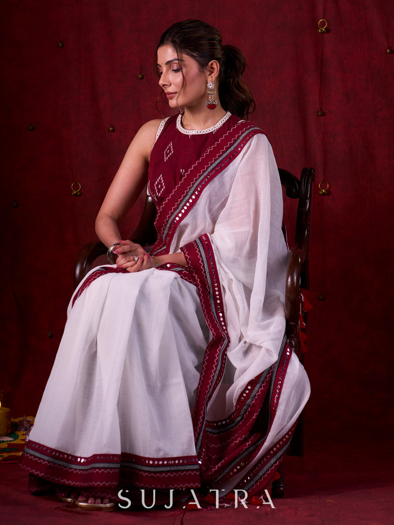 Graceful White Mul Cotton Saree with Ikat-Jamdani Border & Sparkling Mirror Lace Detailing