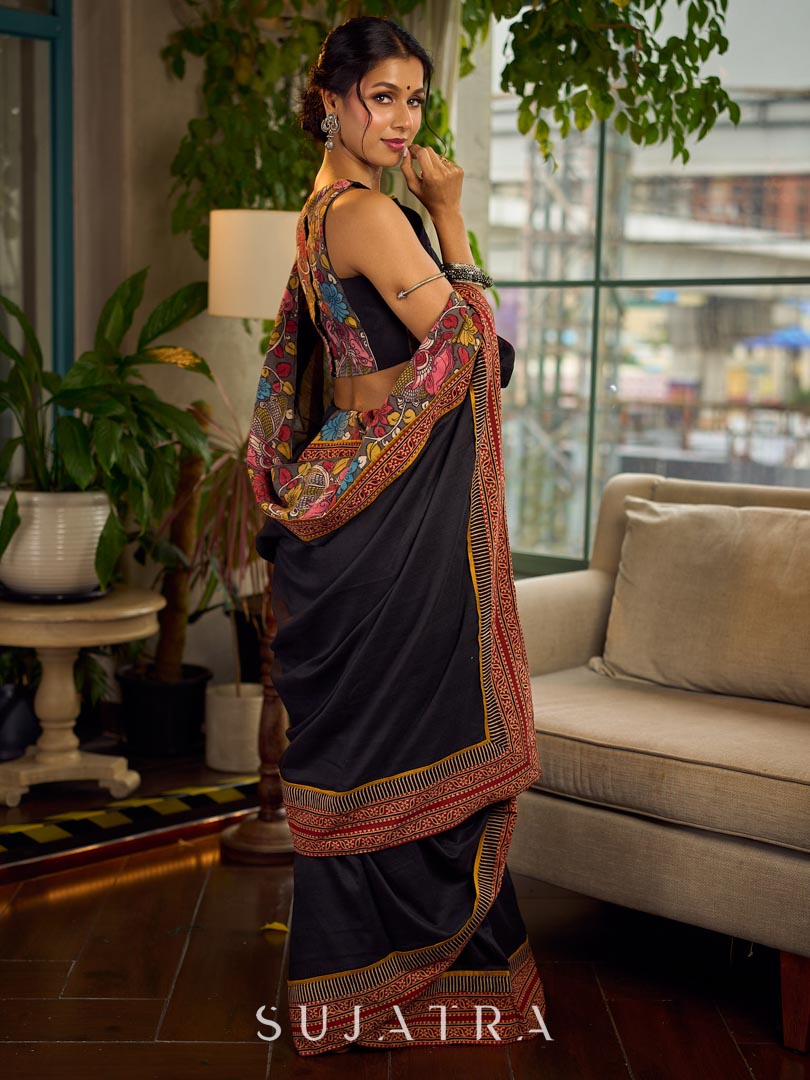 Elegant Black Cotton Saree with Ajrakh Print & Kalamkari Painted Border