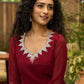 Graceful maroon georgette Co ord set with silver stone embellishment