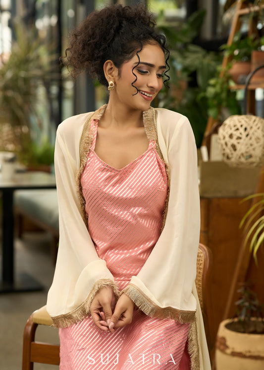 Beautiful peach striped Banarasi kurta with cream georgette shrug - Pant optional