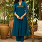 Exclusive turquoise georgette front pleated Co ord set with gold sequence work