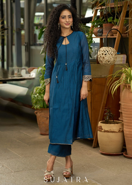 Classy teal blue chanderi Co ord set with lace detaling