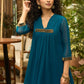 Exclusive turquoise georgette front pleated Co ord set with gold sequence work