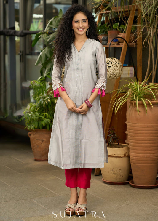 Smart Grey chanderi kurta with cutwork on sleeves - Pant Optional