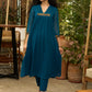 Exclusive turquoise georgette front pleated Co ord set with gold sequence work