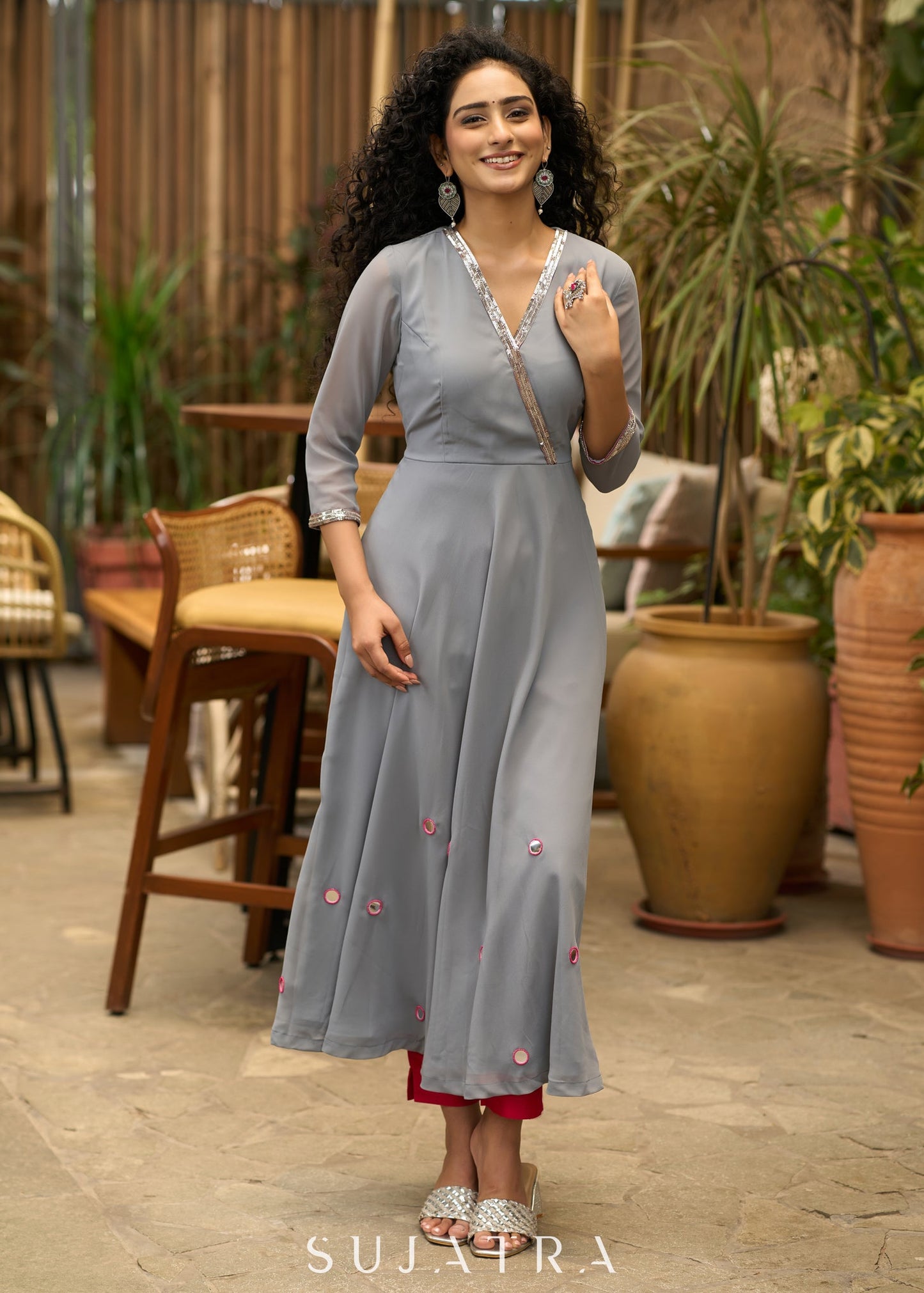Beautiful grey georgette anarkali kurta embellished with silver sequence & matching pants - Dupatta Optional