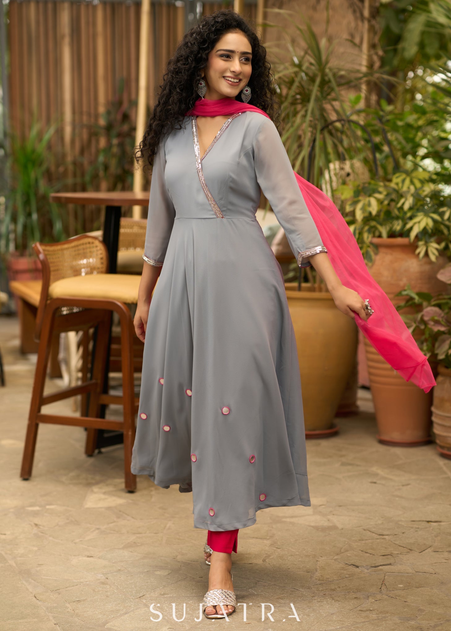 Beautiful grey georgette anarkali kurta embellished with silver sequence & matching pants - Dupatta Optional
