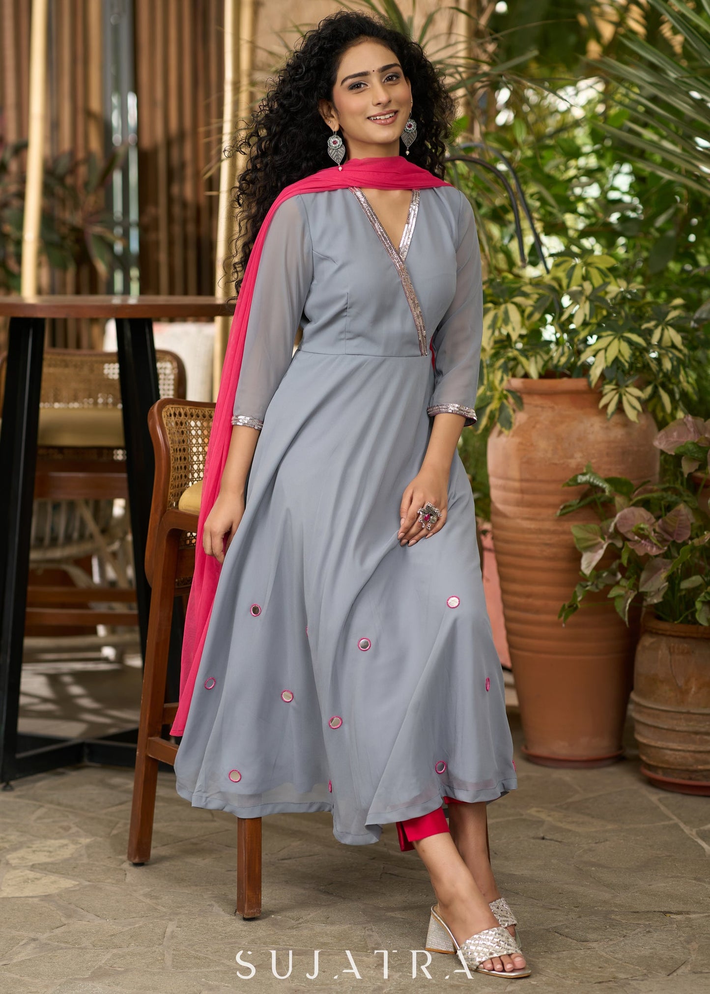 Beautiful grey georgette anarkali kurta embellished with silver sequence & matching pants - Dupatta Optional