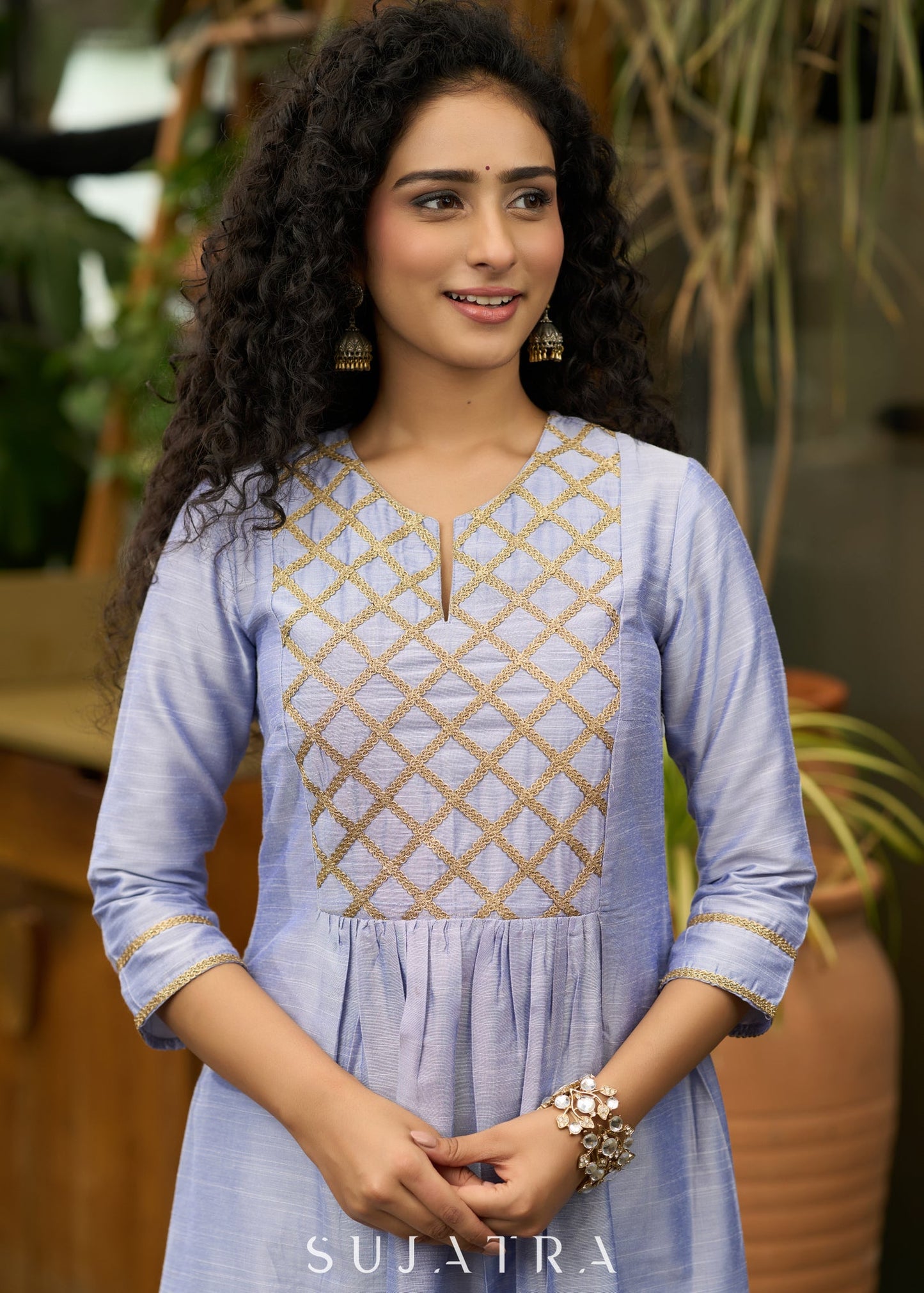 Light blue cotton silk Co ord set with stylish criss cross yoke - Dupatta Optional