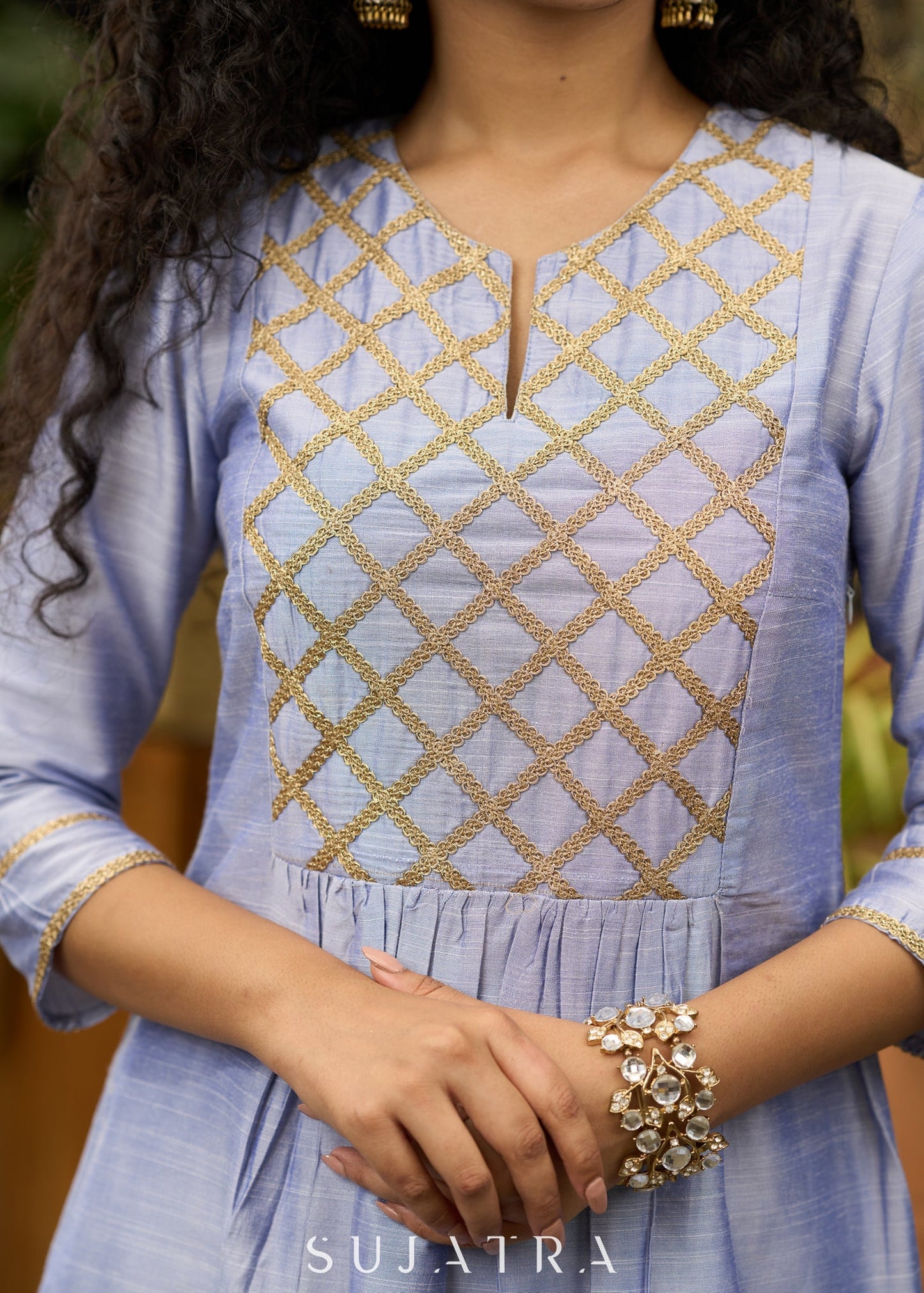 Light blue cotton silk Co ord set with stylish criss cross yoke - Dupatta Optional