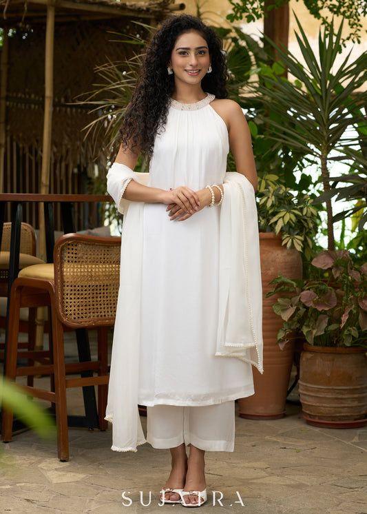 Stylish White halter Co ord set with pearl embroidery - Dupatta Optional