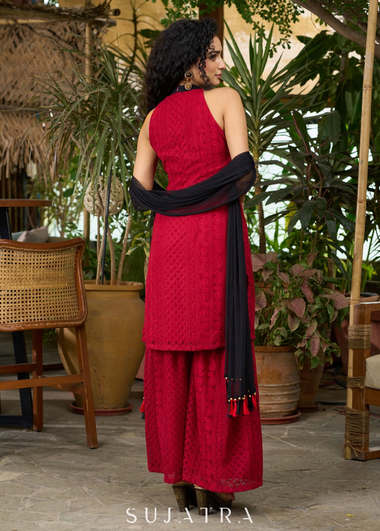 Beautiful maroon chikankari halter neck Sharara Set - Dupatta Optional
