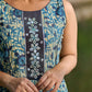 Artisan Indigo Floral Kurta with Black Mirror Work and Pleated Yoke Silhouette