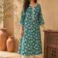 Classic Teal Floral Printed Cotton Kurta with Lace Detailed Neckline & Sleeves