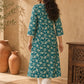 Classic Teal Floral Printed Cotton Kurta with Lace Detailed Neckline & Sleeves