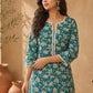 Classic Teal Floral Printed Cotton Kurta with Lace Detailed Neckline & Sleeves