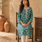 Classic Teal Floral Printed Cotton Kurta with Lace Detailed Neckline & Sleeves