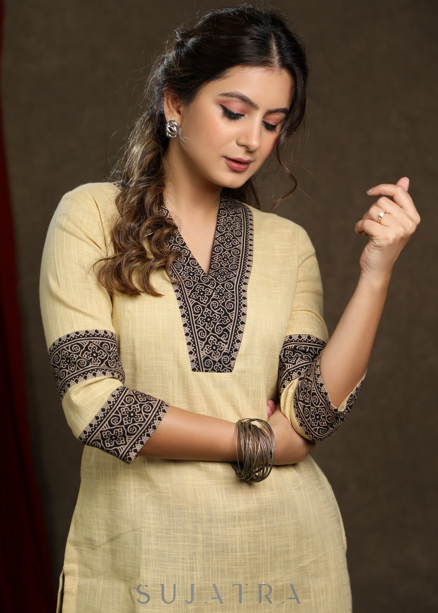 Elegant ochre yellow cotton tunic with ajrakh combination