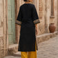 Regal Black Cotton Kurta with Statement Gold Paisley Embroidered Neckline & Kalamkari Panel & Cuff Detail