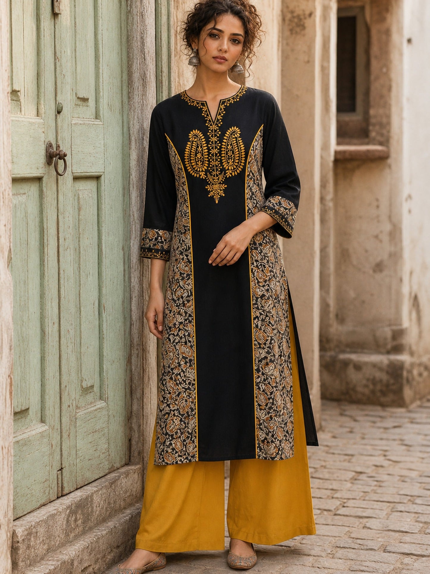 Regal Black Cotton Kurta with Statement Gold Paisley Embroidered Neckline & Kalamkari Panel & Cuff Detail