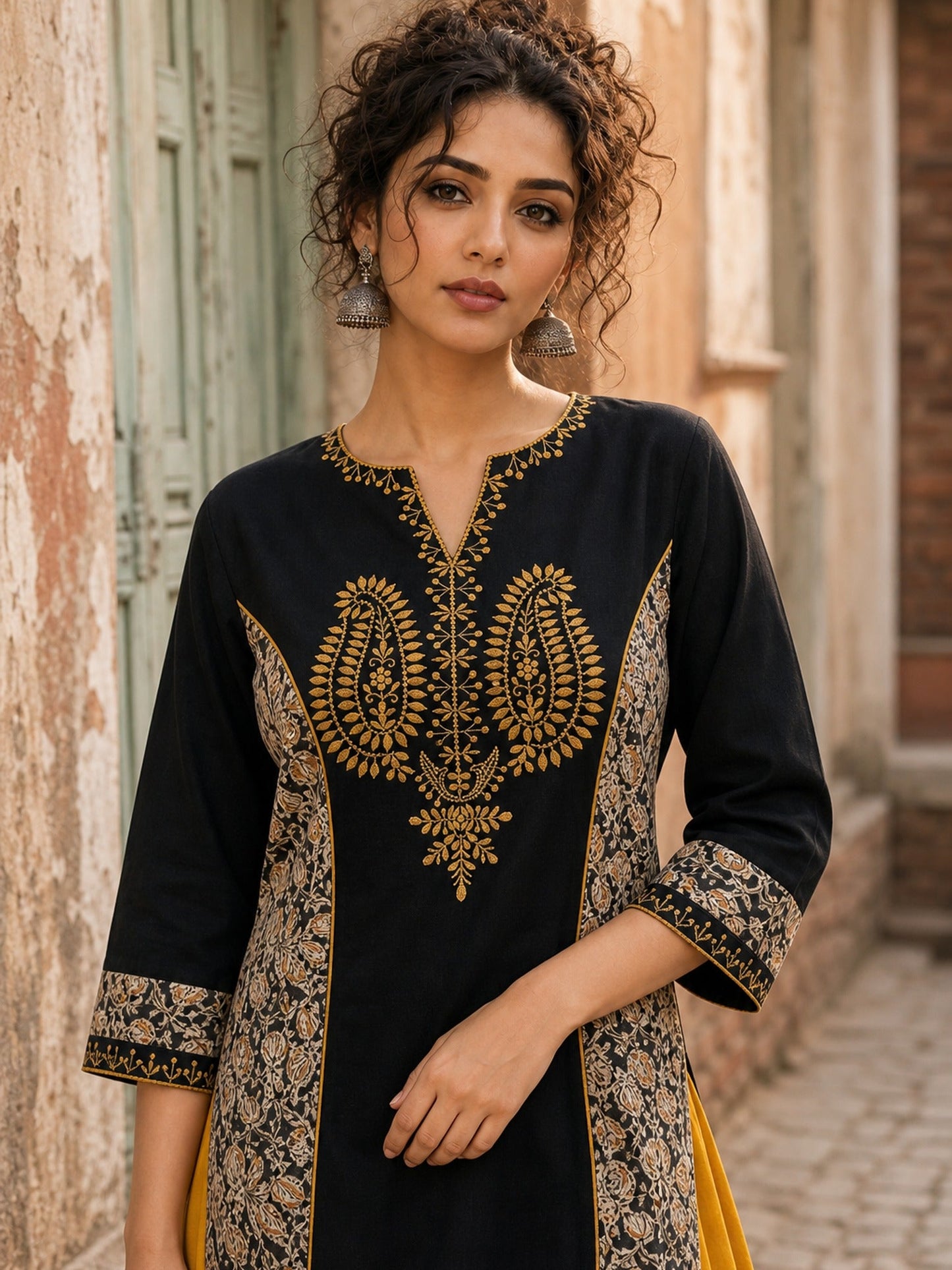 Regal Black Cotton Kurta with Statement Gold Paisley Embroidered Neckline & Kalamkari Panel & Cuff Detail