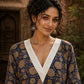 Navy Blue Floral Print Short Kurta with White Hakoba V-Neck Trim & Bell Sleeves