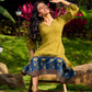 Olive Green Dress with Contrast Ajrakh Handblock Print Border and Puff Sleeves
