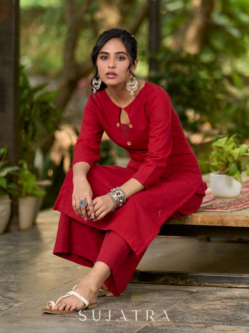 Deep Maroon Cotton Kurta with Subtle Front Button Detail