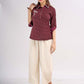 Maroon Cotton Contemporary Top with Embroidered Flamingo and Button Down Yoke