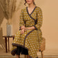 Olive Bloom Mul Cotton Angrakha Style Kurta with Black Contrast Border