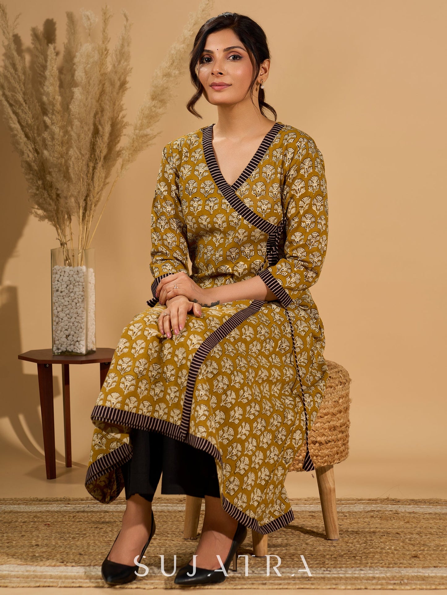 Olive Bloom Mul Cotton Angrakha Style Kurta with Black Contrast Border