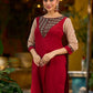 Handcrafted maroon kurta with a V-neck Ajrakh panel and stylish striped sleeves.