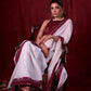 Graceful White Mul Cotton Saree with Ikat-Jamdani Border & Sparkling Mirror Lace Detailing
