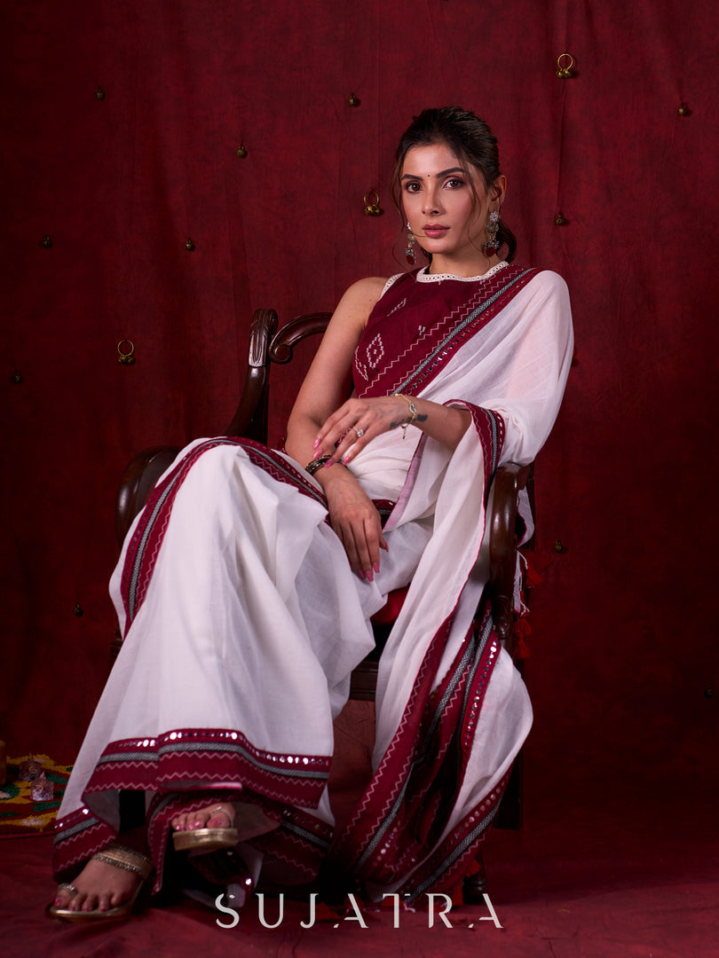 Graceful White Mul Cotton Saree with Ikat-Jamdani Border & Sparkling Mirror Lace Detailing