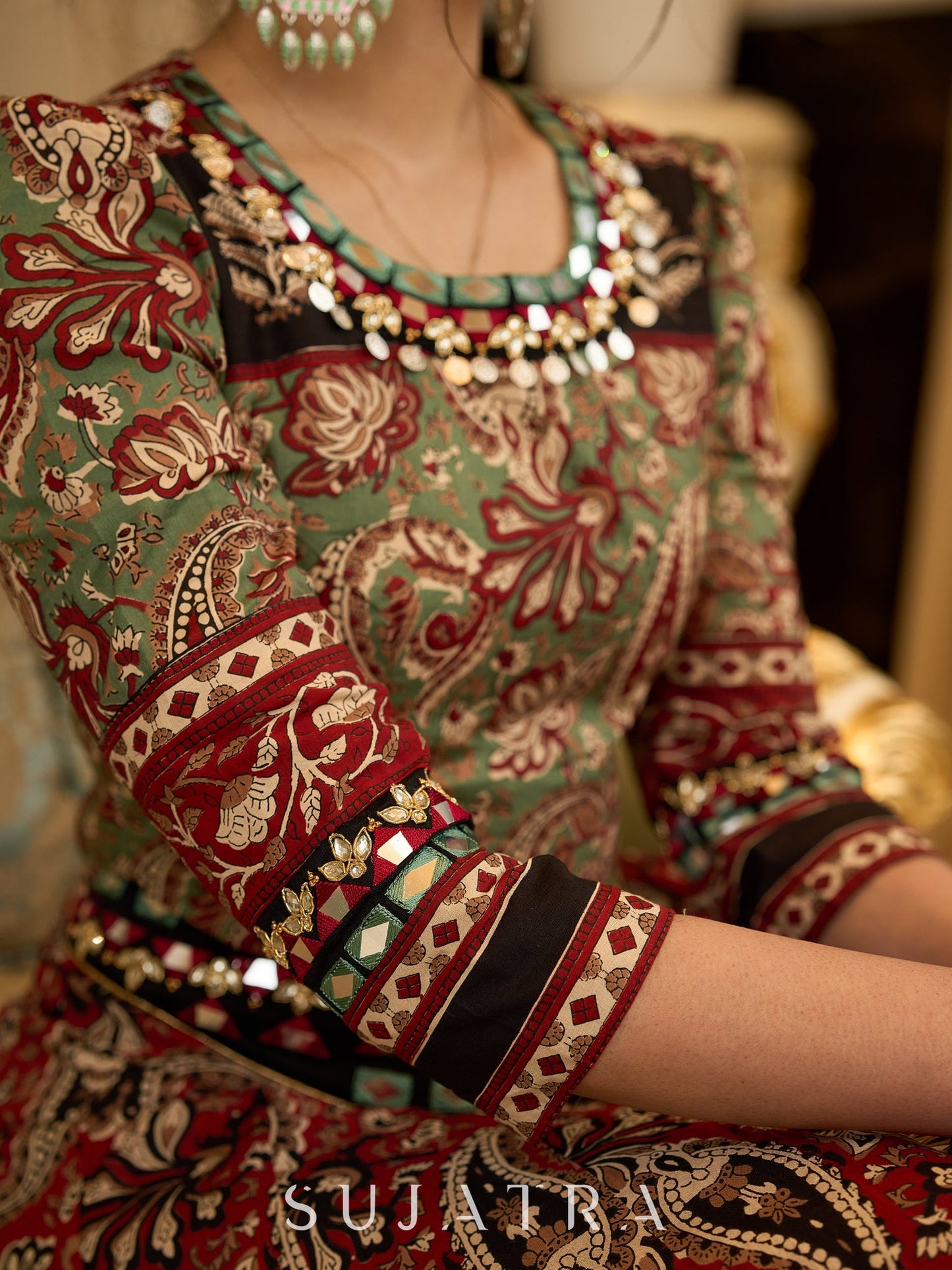 Contemporary folkloric ensemble featuring a petal cut block printed lehenga with mirror work accents  - Embroidered Dupatta Optional