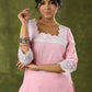 Subtle Baby Pink Cotton Kurta Embellished With Laces  - Pant Optional